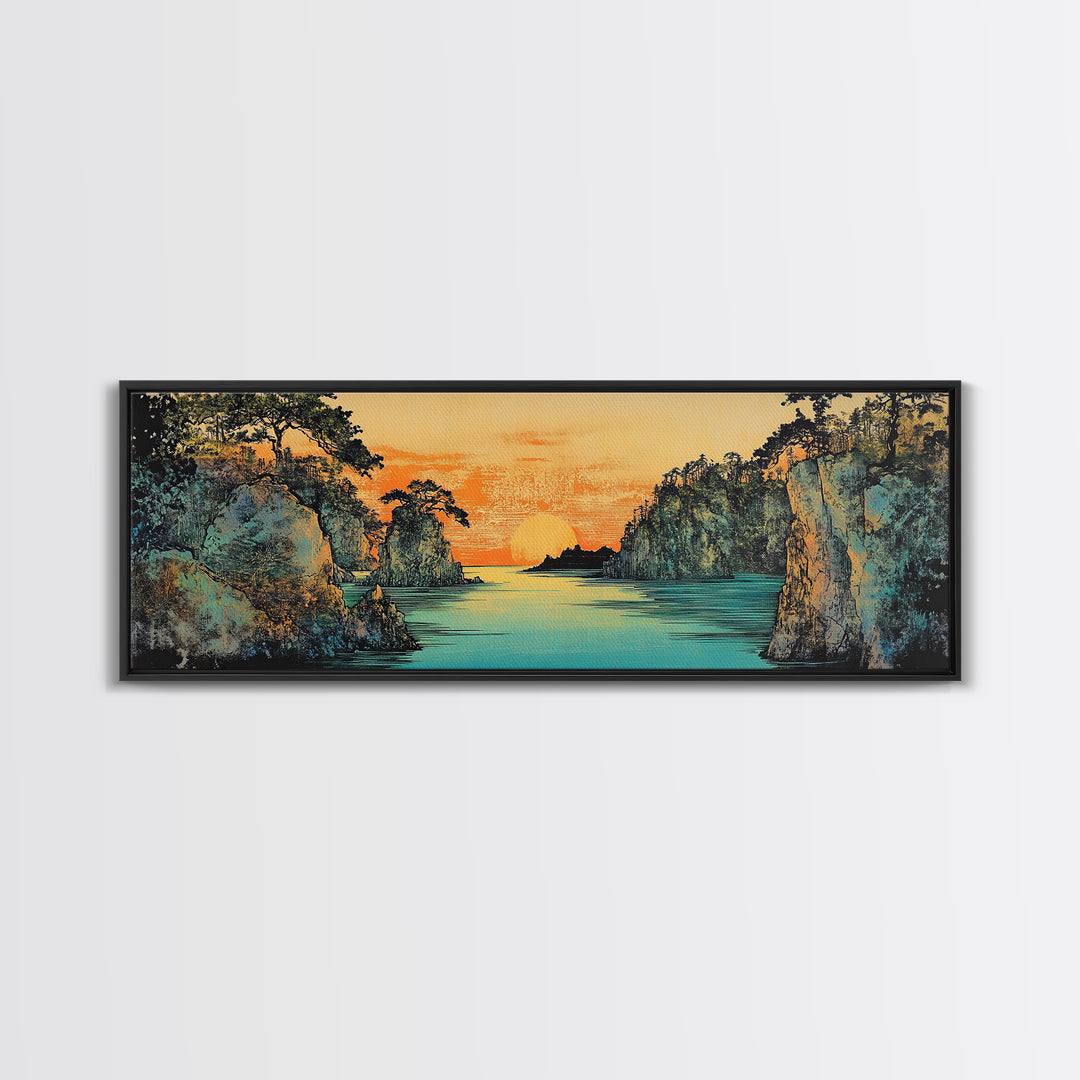 Teal River Canyon Sunset Framed Canvas Print, Coastal Landscape Wall Art, Japandi Decor, Panoramic Above Sofa Art For Living Room Decor