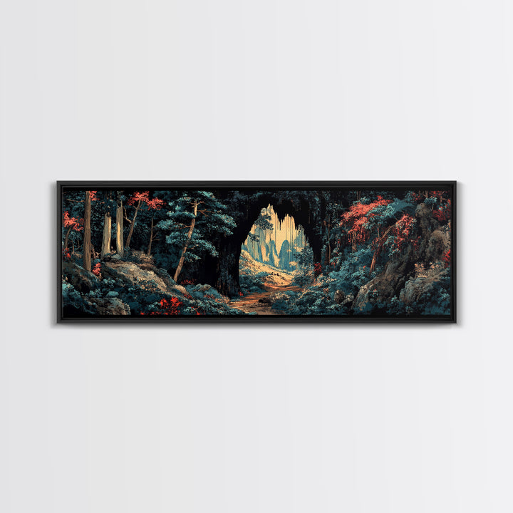 Dark Forest Cave Path Canvas Print, Moody Landscape Wall Art, Fantasy Woodland Decor, Panoramic Statement Living Room Art