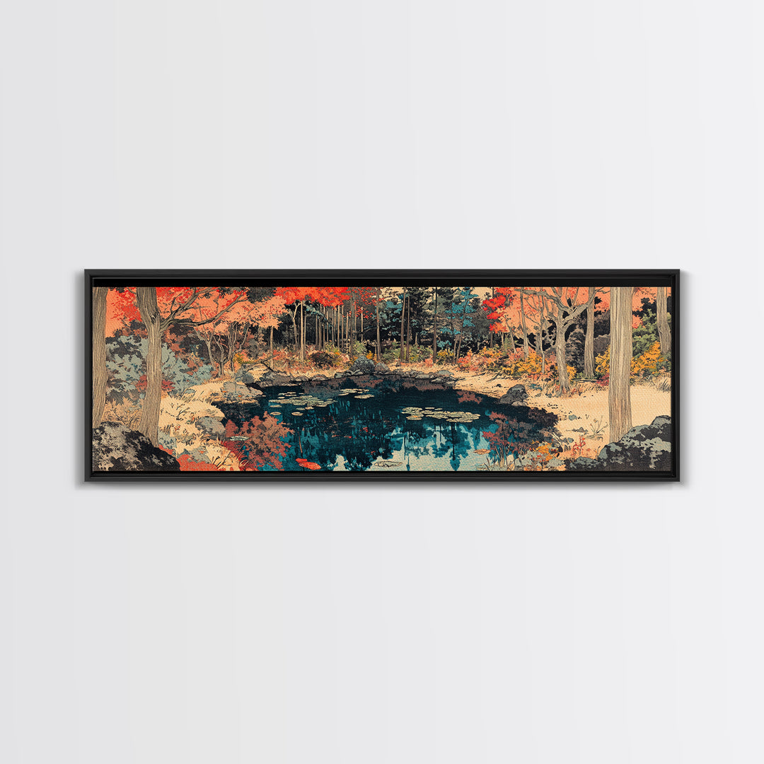 Autumn Forest Pond Reflection Wall Art, Japanese Landscape Canvas, Rustic Nature Decor, Panoramic Living Room Print For Home Decor