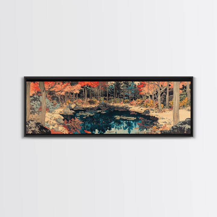 Autumn Forest Pond Reflection Wall Art, Japanese Landscape Canvas, Rustic Nature Decor, Panoramic Living Room Print For Home Decor