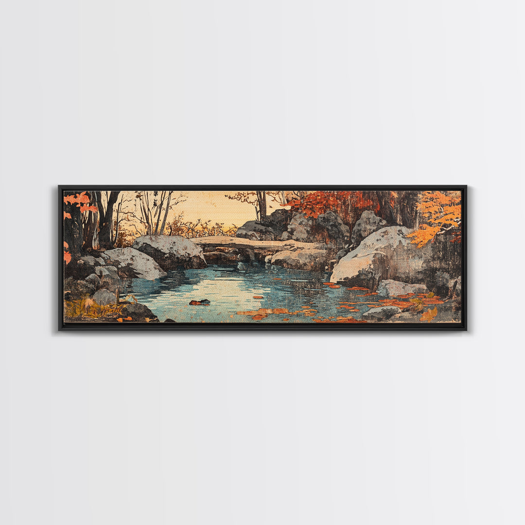 Autumn Rocky Creek Canvas Print, Japanese Landscape Painting, Rustic Nature Wall Decor, Panoramic Living Room Art, Home Decor