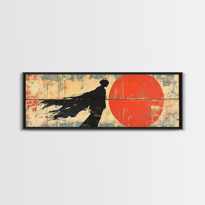 Shadow Samurai Red Sun Wall Art, Japanese Warrior Canvas, Dark Fantasy Decor, Bold Panoramic Office And Living Room Print