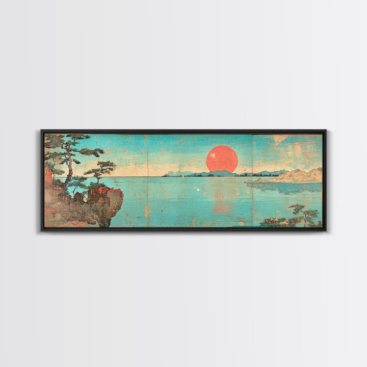 Turquoise Japanese Sea Sunset Framed Canvas Print, Coastal Landscape Wall Decor, Minimalist Panoramic Living Room Art Print