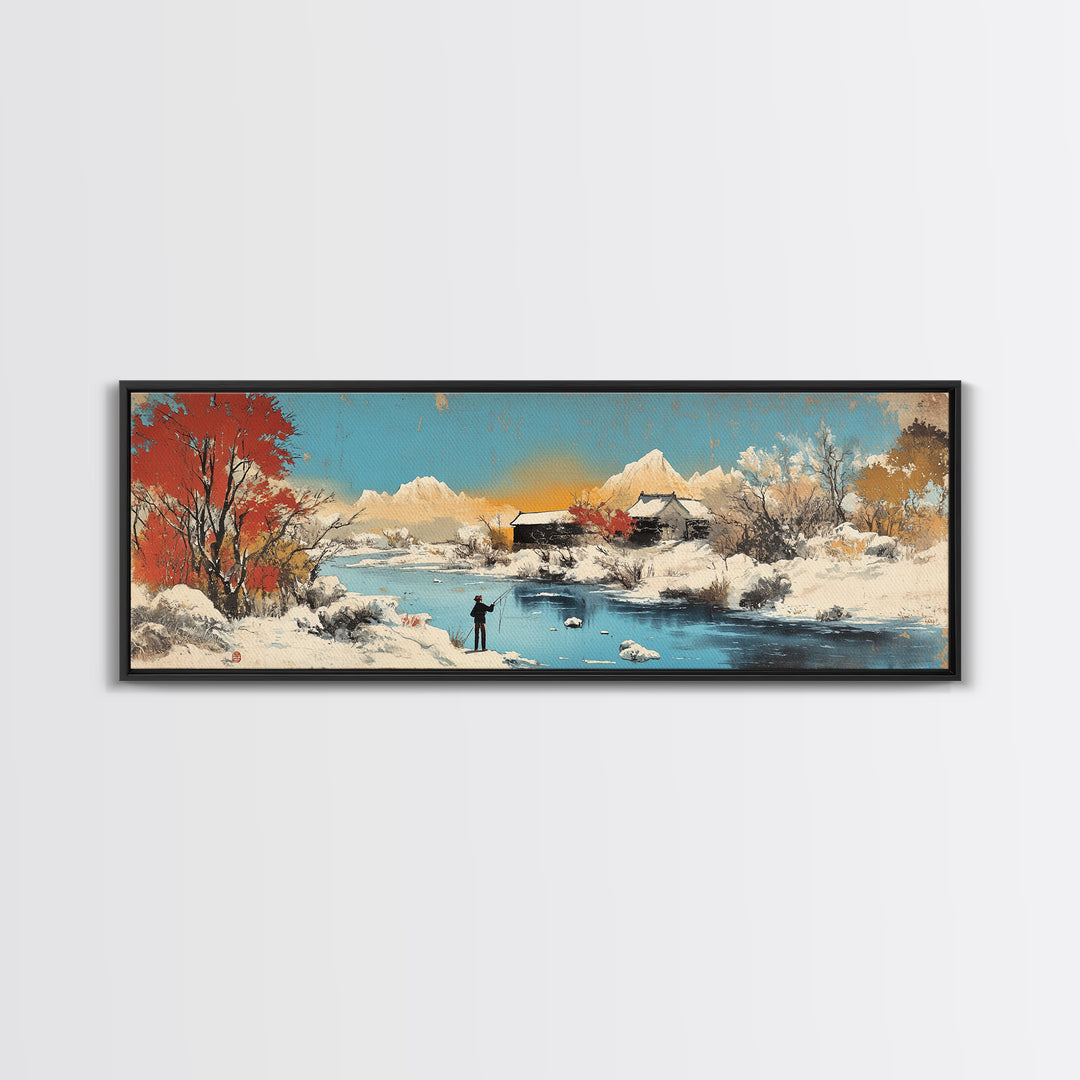 Snowy Mountain Village Wall Art, Japanese Winter Landscape Canvas, Serene Nature Decor, Panoramic Living Room Art Print For Home Decor
