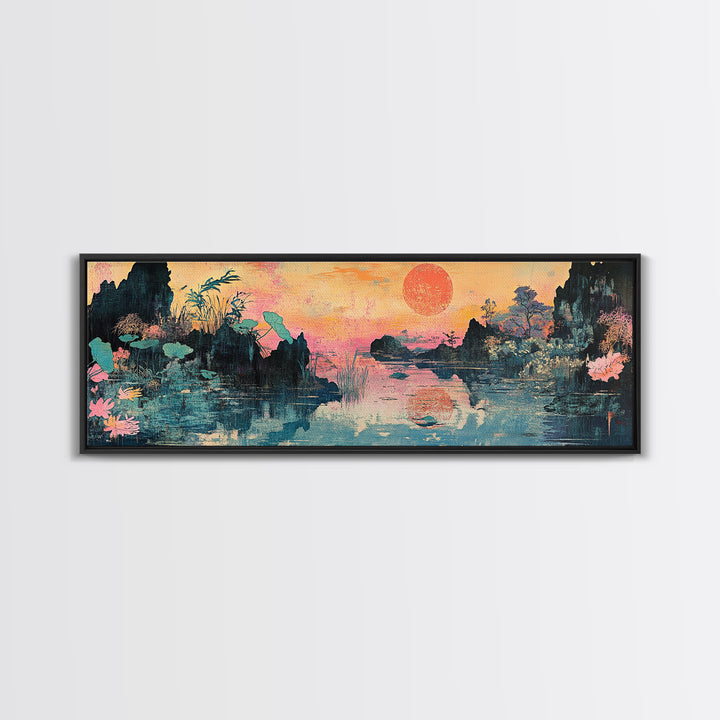 Lotus Lake Sunset With Red Sun And Mountains Wall Art, Japanese Landscape Canvas Print, Japandi Decor, Panoramic Wall Decor