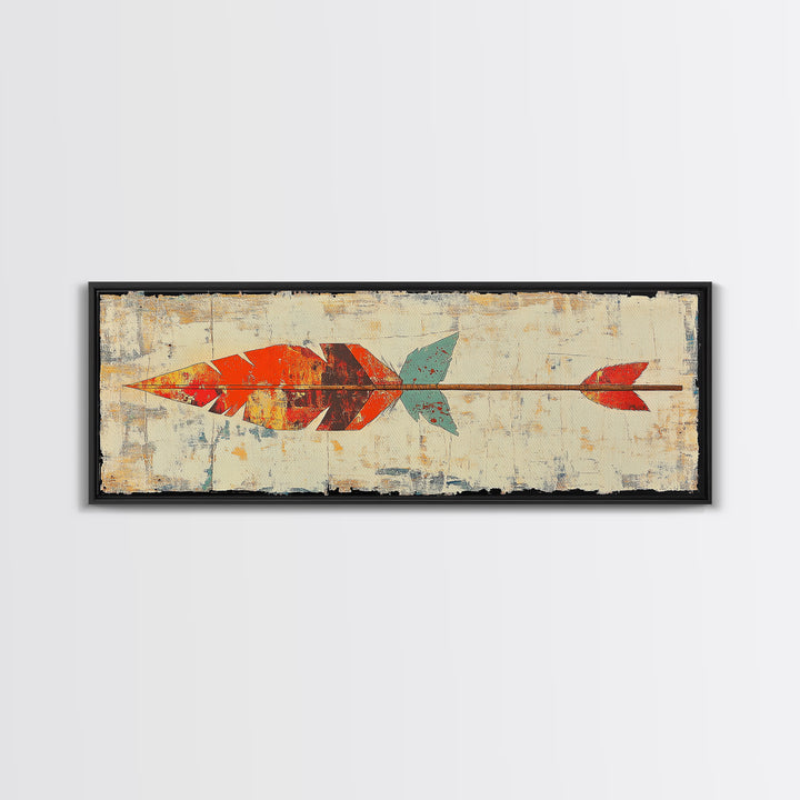 Rustic Painted Arrow With Red Feathers Wall Art, Southwestern Canvas Print, Boho Western Decor, Long Horizontal Art Print