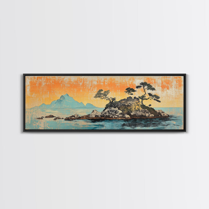 Rocky Island Pines On Calm Sea Wall Art, Japanese Coastal Landscape Canvas Print, Orange Sunset Decor, Wide Panoramic Art