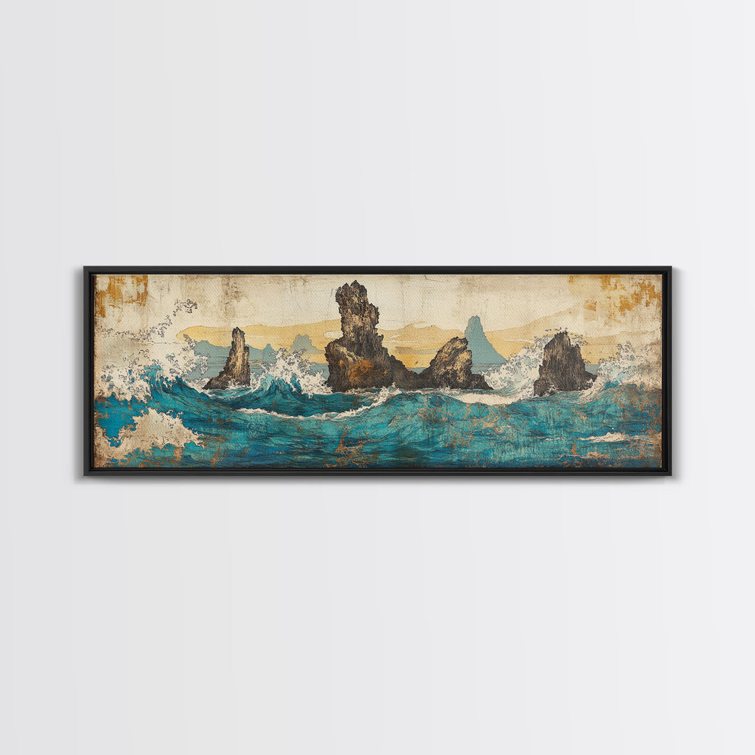 Jagged Sea Stacks In Turquoise Waves Wall Art, Large Panoramic Coastal Seascape Canvas Print, Nautical Decor, Moody Landscape Art