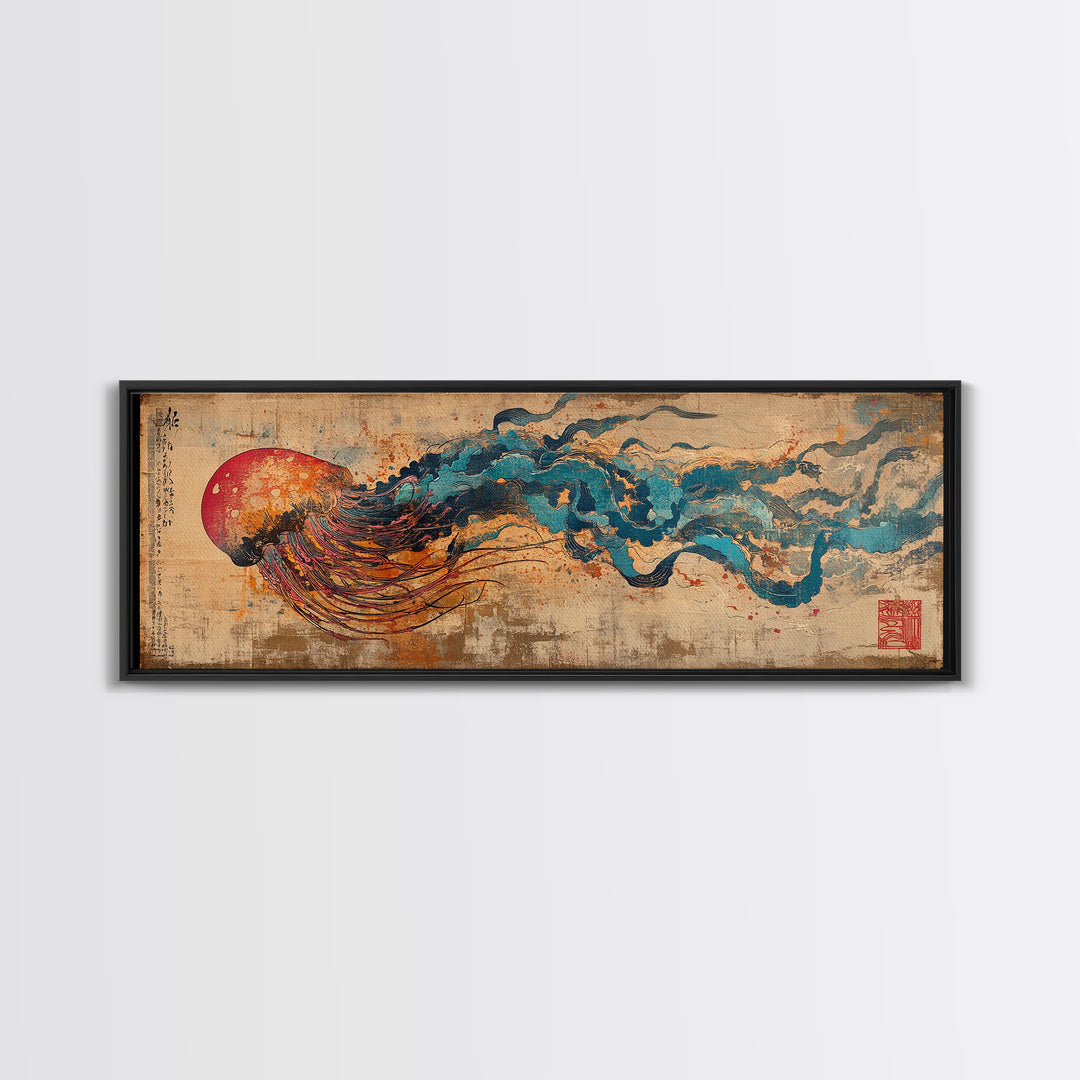 Abstract Jellyfish With Red Sun And Blue Waves Wall Art, Japanese Ocean Canvas Print, Marine Life Decor, Statement Artwork