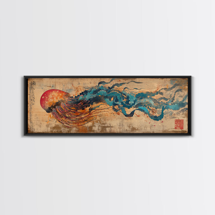 Abstract Jellyfish With Red Sun And Blue Waves Wall Art, Japanese Ocean Canvas Print, Marine Life Decor, Statement Artwork