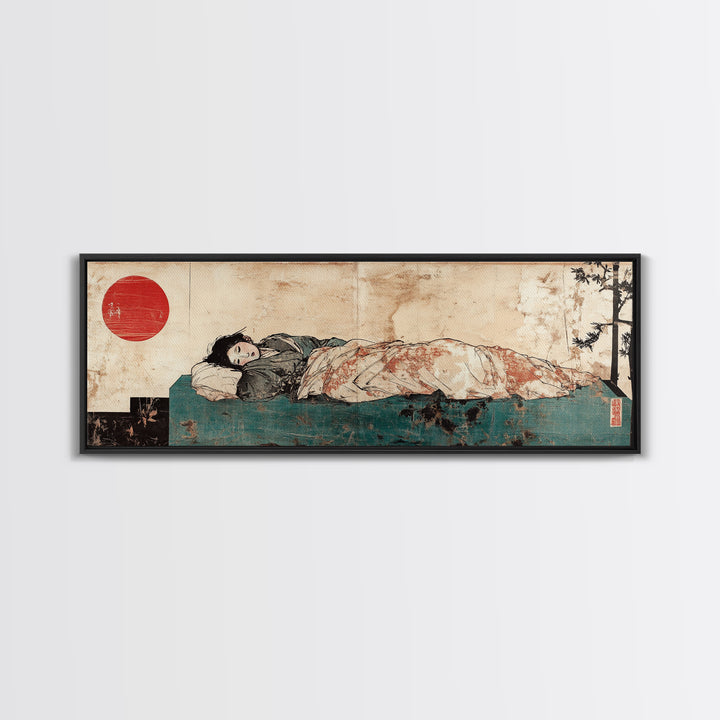 Sleeping Woman Under Floral Quilt Canvas Print, Japanese Bedroom Wall Art, Red Sun Decor, Serene Minimalist Art, Japandi Home Decor