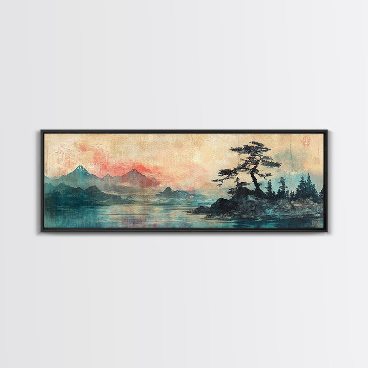 Red Mist Mountains With Lone Pine Wall Art, Japanese Landscape Canvas Print, Moody Nature Decor, Panoramic Living Room Art