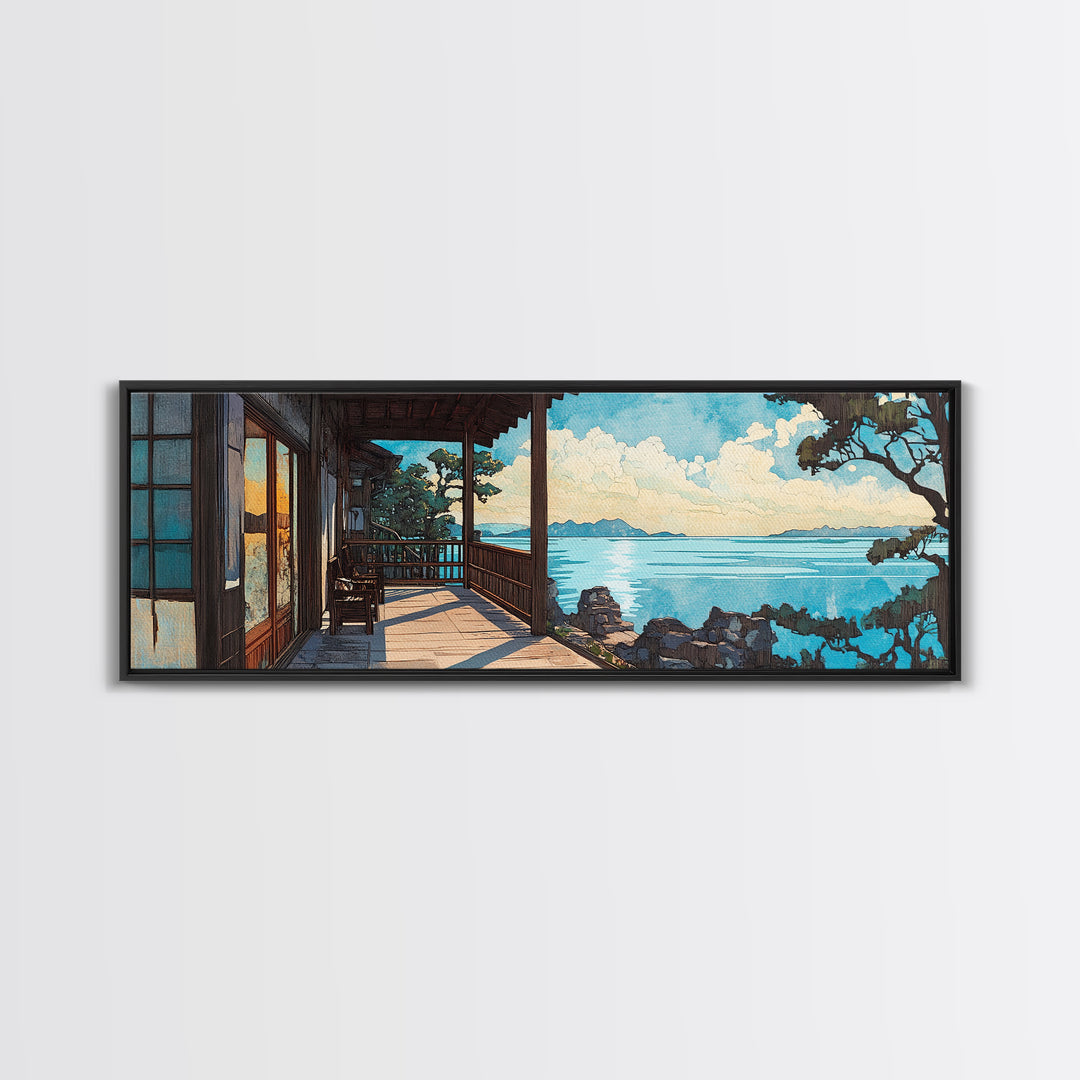 Sunny Japanese Veranda Over Blue Sea Canvas Print, Coastal Wall Art, Beach House Decor, Japandi Living Room Wall Art, Home Decor