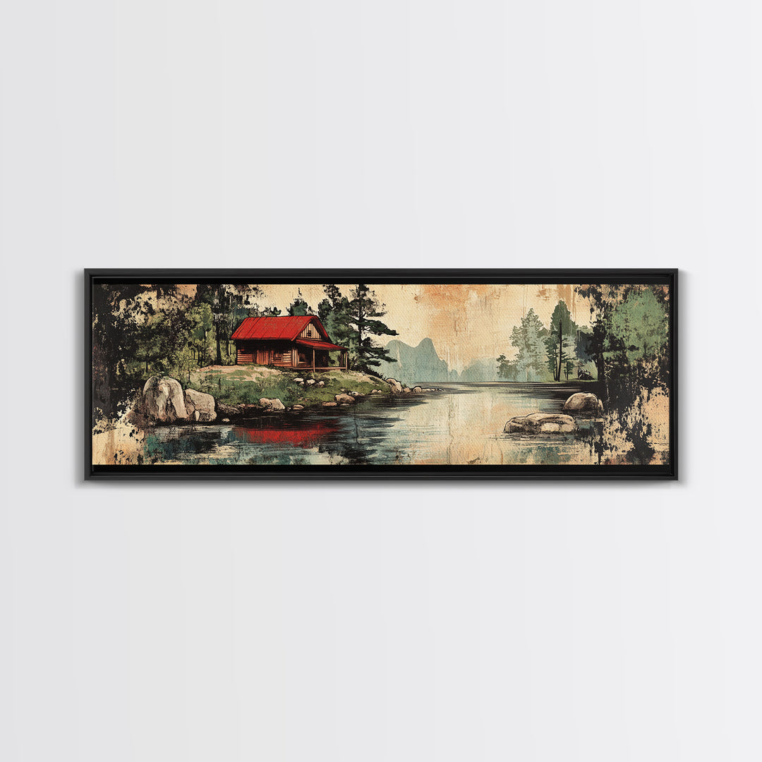 Rustic Red Roof Cabin Beside Forest Lake Framed Canvas Print, Mountain Landscape Wall Art, Cabin Decor, Housewarming Gift