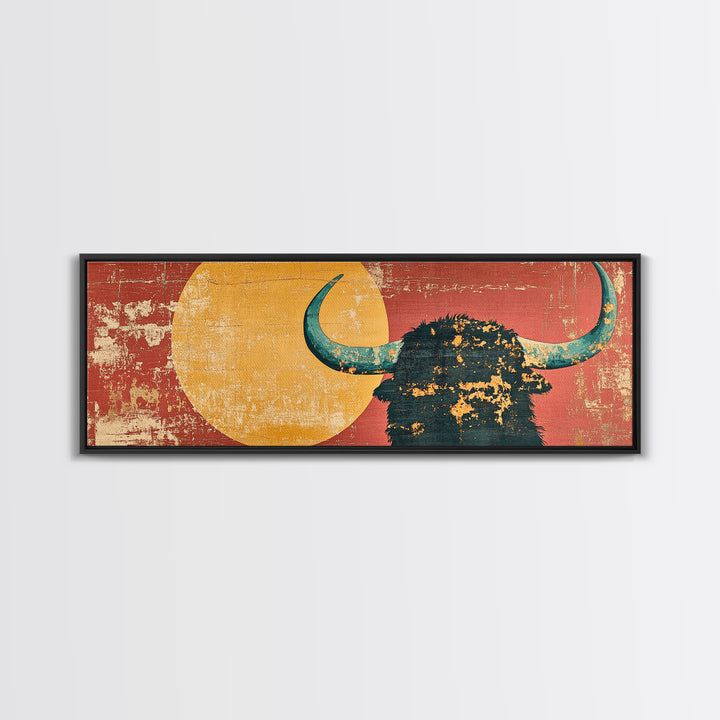 Bold Highland Cow Silhouette With Turquoise Horns Canvas Print, Western Wall Art, Rustic Home Decor, Southwestern Gift For Him