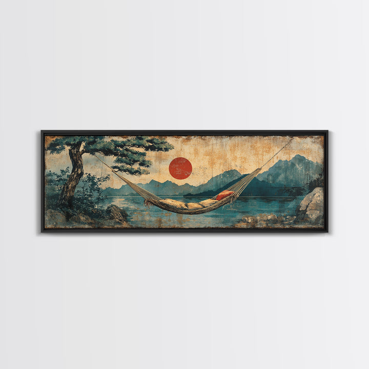 Mountain Lake Hammock Beneath Red Sun Wall Art, Japandi Landscape Canvas Print, Tranquil Zen Decor, Above Bed Art, Living Room Decor