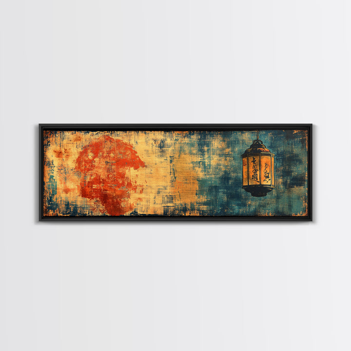 Red Sun And Hanging Lantern On Blue Textured Wall Art, Asian Inspired Canvas Print, Japanese Decor, Moody Abstract Art Print