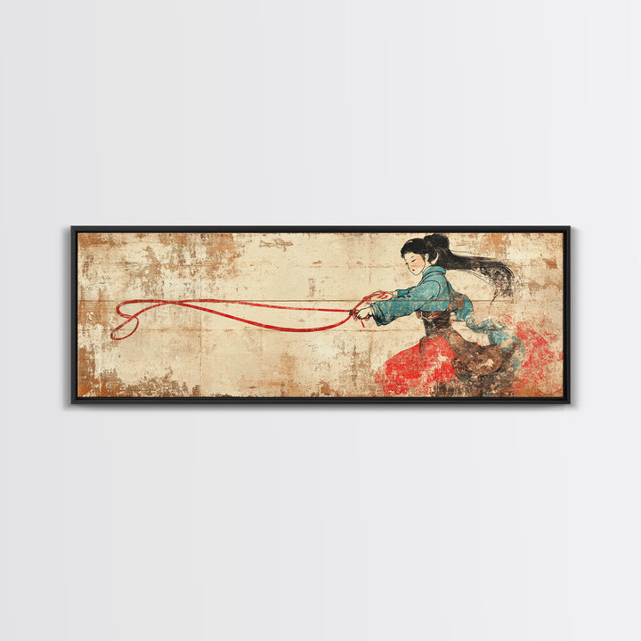 Asian Warrior Woman With Flowing Red Ribbon Canvas Print, Martial Arts Wall Art, Strong Female Art, Japanese Decor Gift For Her