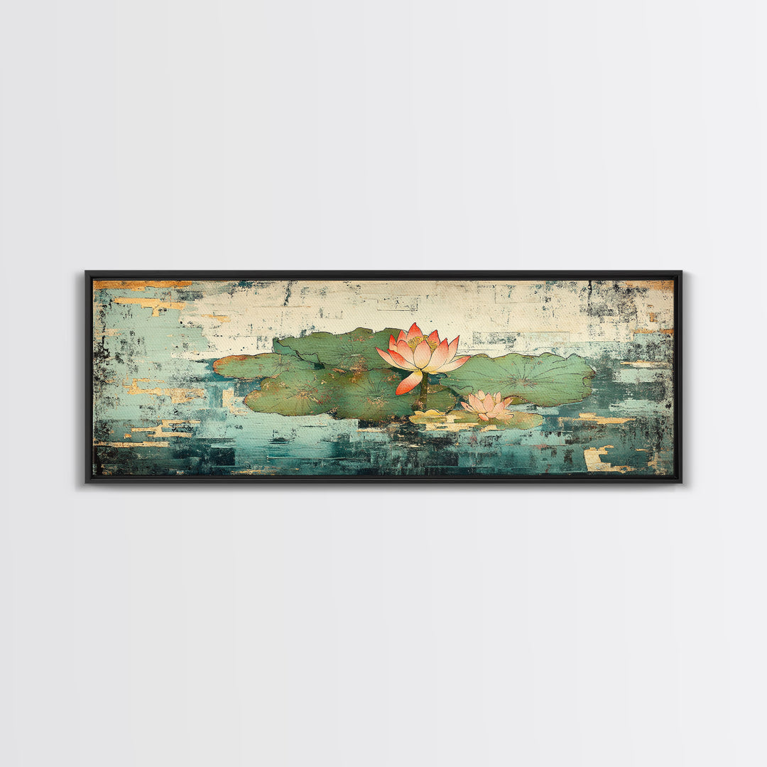 Lotus Pond Water Lily Wall Art, Asian Botanical Canvas Print, Japandi Zen Home Decor, Tranquil Nature Gift For Her, Living Room Decor