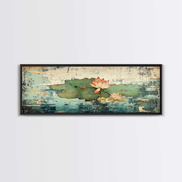 Lotus Pond Water Lily Wall Art, Asian Botanical Canvas Print, Japandi Zen Home Decor, Tranquil Nature Gift For Her, Living Room Decor