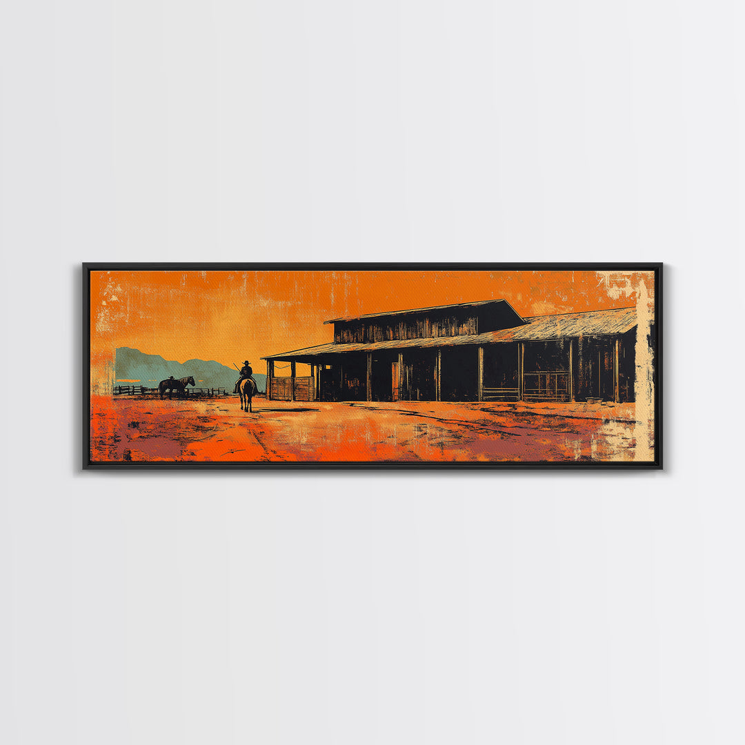 Western Cowboy Desert Saloon Wall Art, Rustic Canvas Print, Southwestern Ranch Decor, Orange Sunset Gift For Him, Man Cave Decor
