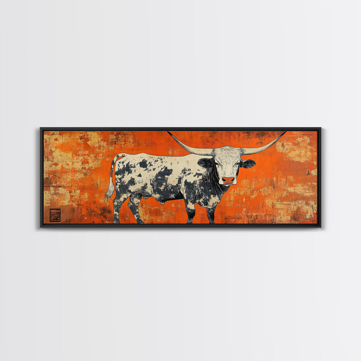 Texas Longhorn Cow On Orange Wall Art, Western Canvas Print, Rustic Ranch Decor, Southwestern Farmhouse Gift For Him, Man Cave Decor