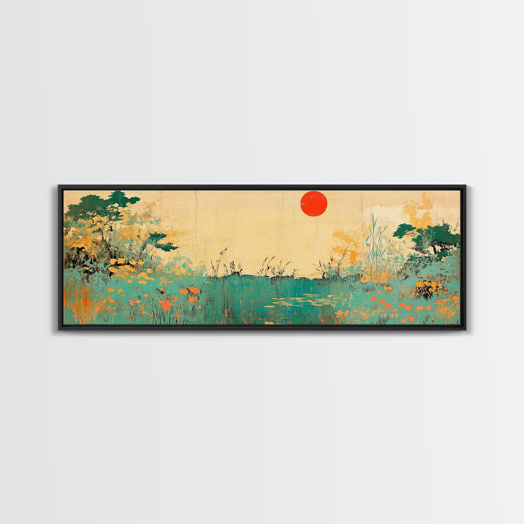 Red Sun Wildflower Marsh Landscape Wall Art, Japanese Inspired Panoramic Canvas, Nature Print, Japandi Living Room Decor