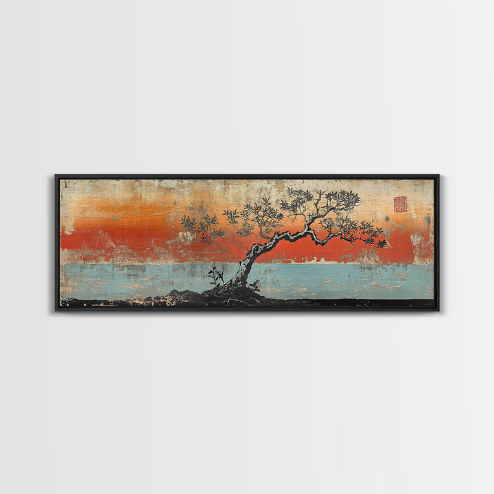 Windswept Pine Tree Sunset Canvas Print, Asian Inspired Coastal Landscape, Zen Wall Decor, Moody Living Room Art, Serene Home Decor