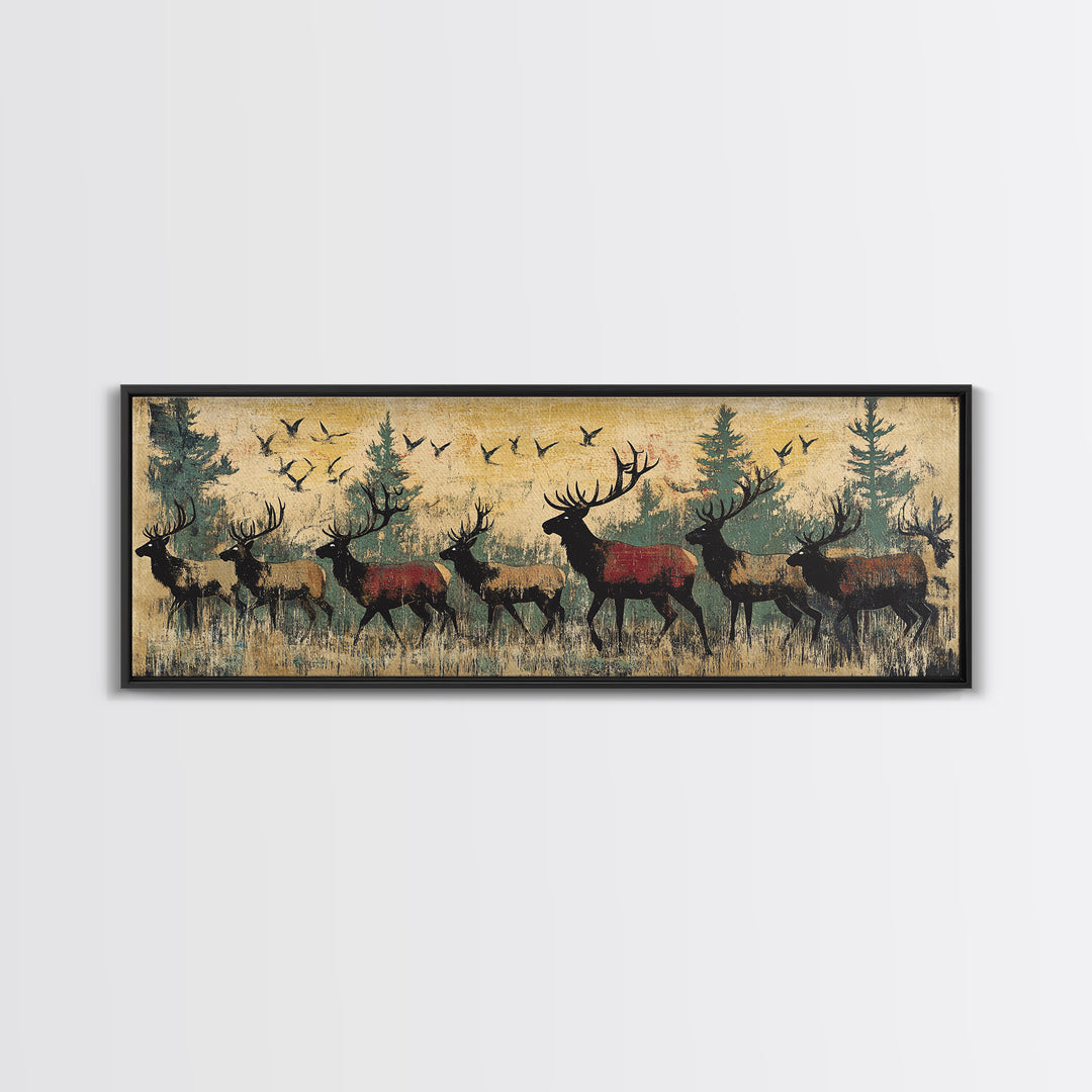 Elk Herd Forest Wildlife Wall Art, Rustic Panoramic Canvas Print, Lodge Cabin Decor, Nature Lover Gift For Him, Living Room Wall Decor