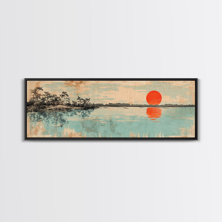 Red Sun Over Serene Teal Lake Wall Art, Japanese Landscape Print, Panoramic Canvas, Japandi Living Room Decor, Coastal Home Decor