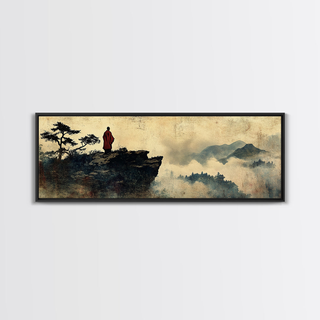 Solitary Monk On Misty Mountain Cliff Wall Art, Asian Landscape Print, Zen Meditation Decor, Japandi Office Wall Decor Art