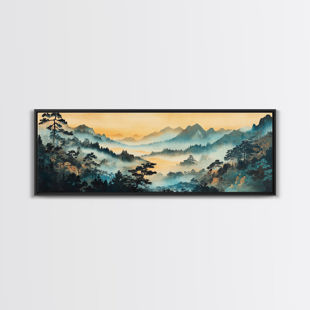 Misty Blue Mountain Valley Canvas Print, Asian Landscape Wall Art, Panoramic Nature Print, Japandi Living Room Decor, Housewarming Gift