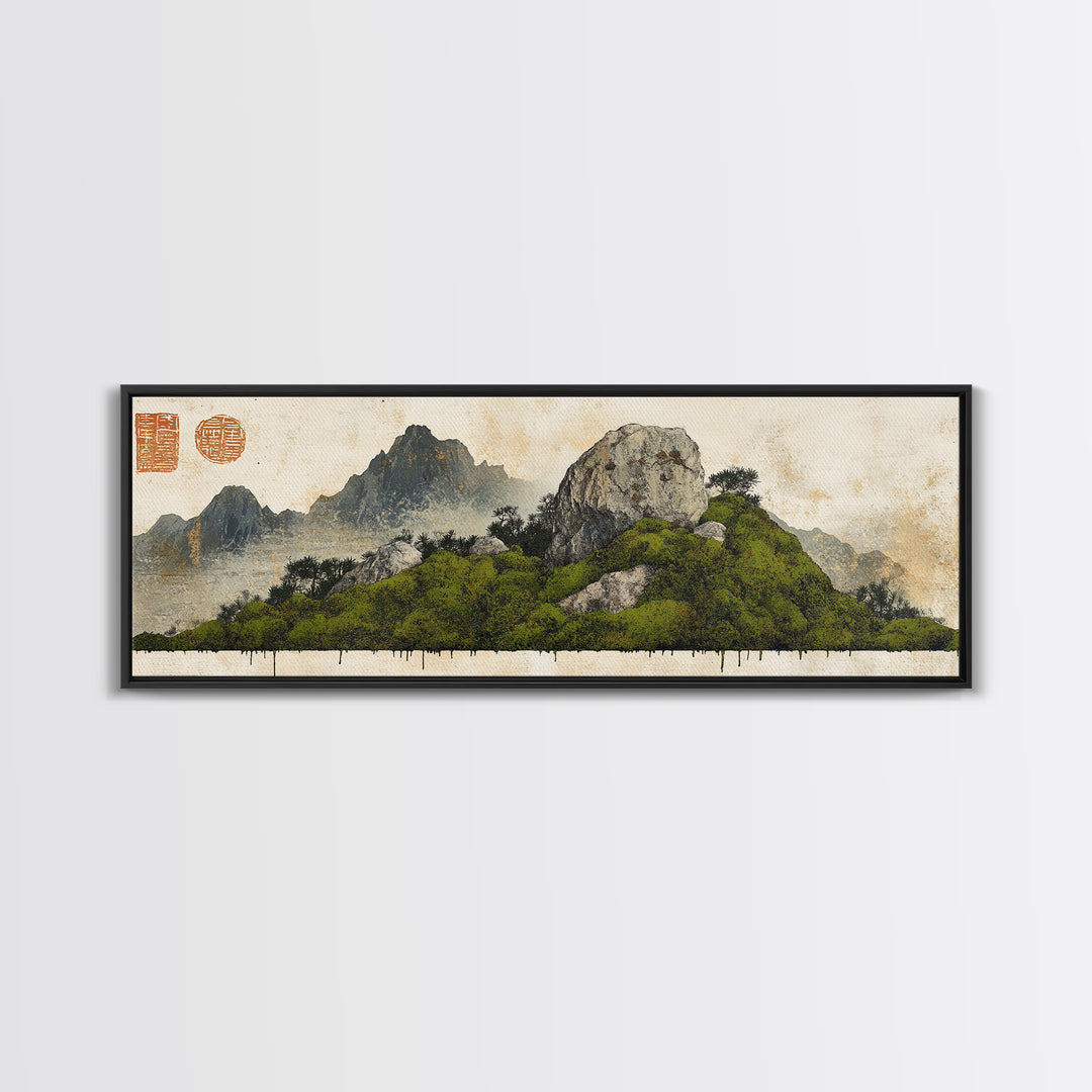 Green Moss Island With Ink Mountains Wall Art, Asian Landscape Print, Chinese Brush Style, Zen Home Decor, Office Wall Art