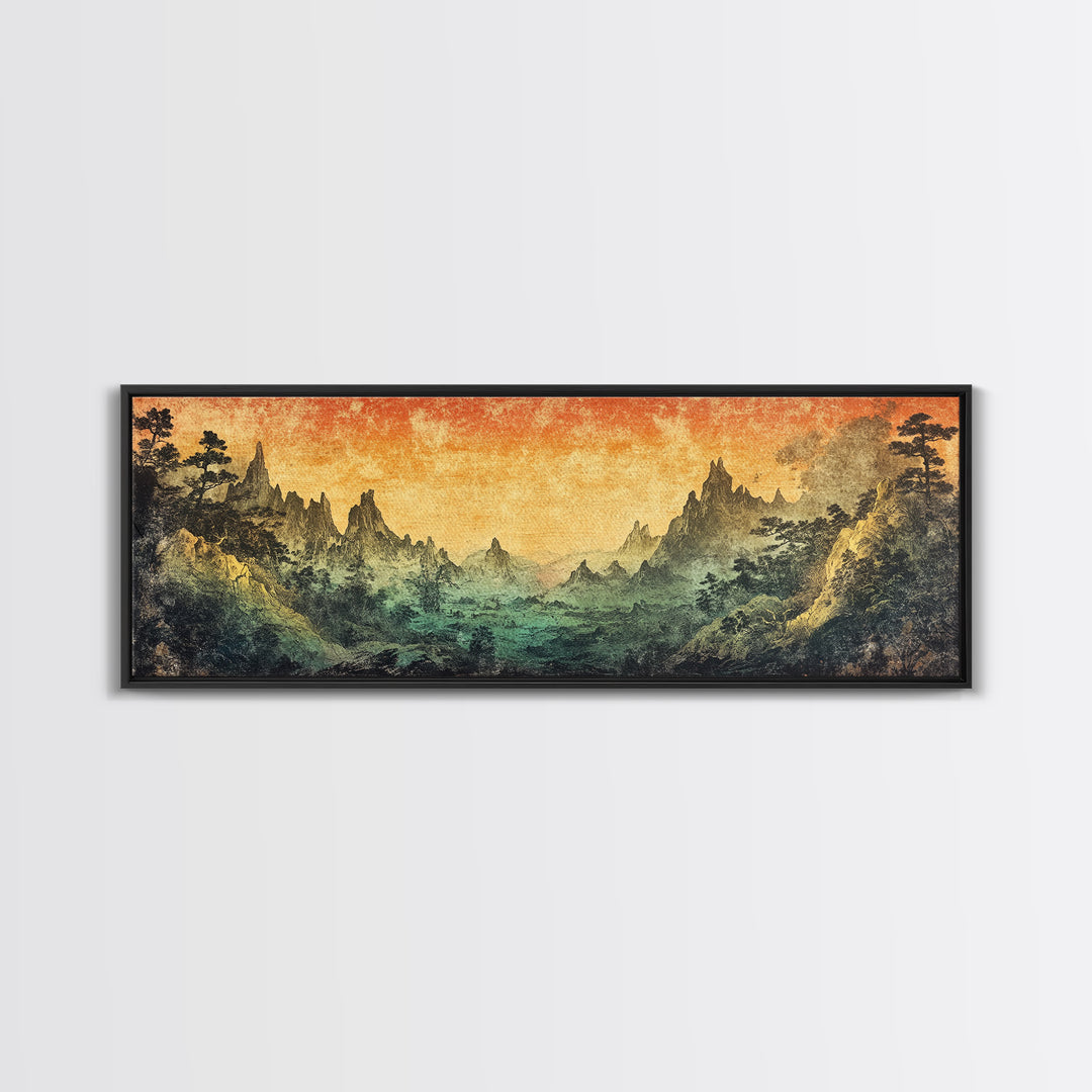 Mystical Mountain Valley At Sunset Canvas Print, Asian Landscape Wall Art, Moody Nature Decor, Panoramic Living Room Art