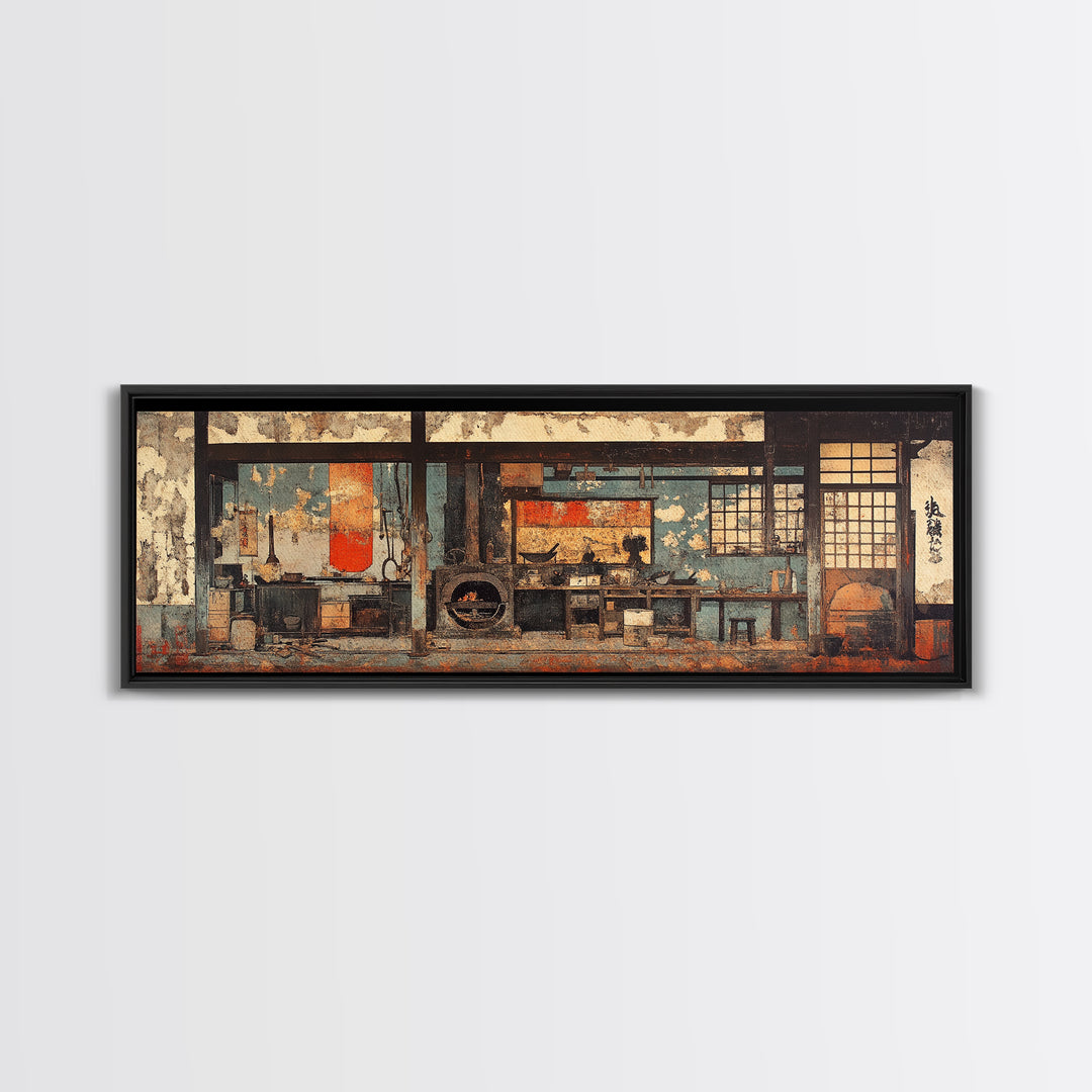 Rustic Japanese Tea House Interior Wall Art, Zen Kitchen Decor Print, Wabi Sabi Home Decor, Framed Canvas Print, Japandi Living Room Decor