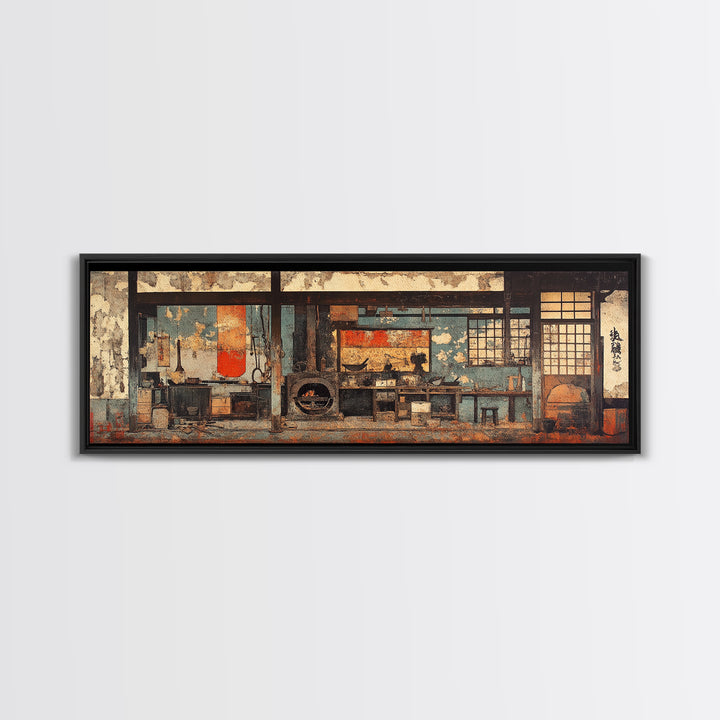 Rustic Japanese Tea House Interior Wall Art, Zen Kitchen Decor Print, Wabi Sabi Home Decor, Framed Canvas Print, Japandi Living Room Decor