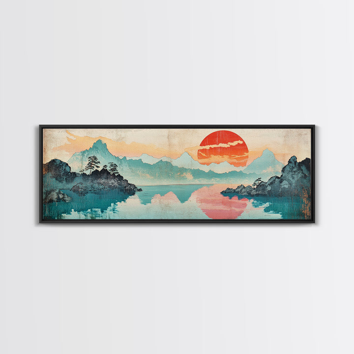 Coral Sun Over Teal Mountain Lake Wall Art, Japanese Landscape Print, Coastal Japandi Decor, Serene Bedroom Wall Art Print