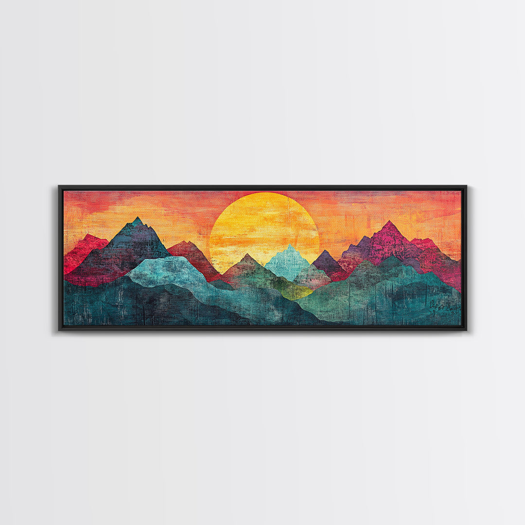 Geometric Mountain Sunrise With Teal And Magenta Peaks Wall Art, Mid Century Modern Canvas Print, Colorful Landscape Decor