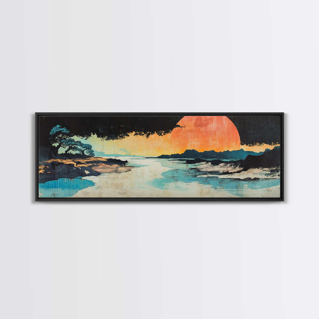 Serene Coastal Sunset With Lone Tree And Blue Shore Wall Art, Japanese Canvas Print, Zen Landscape, Beach House Decor, Spa Decor