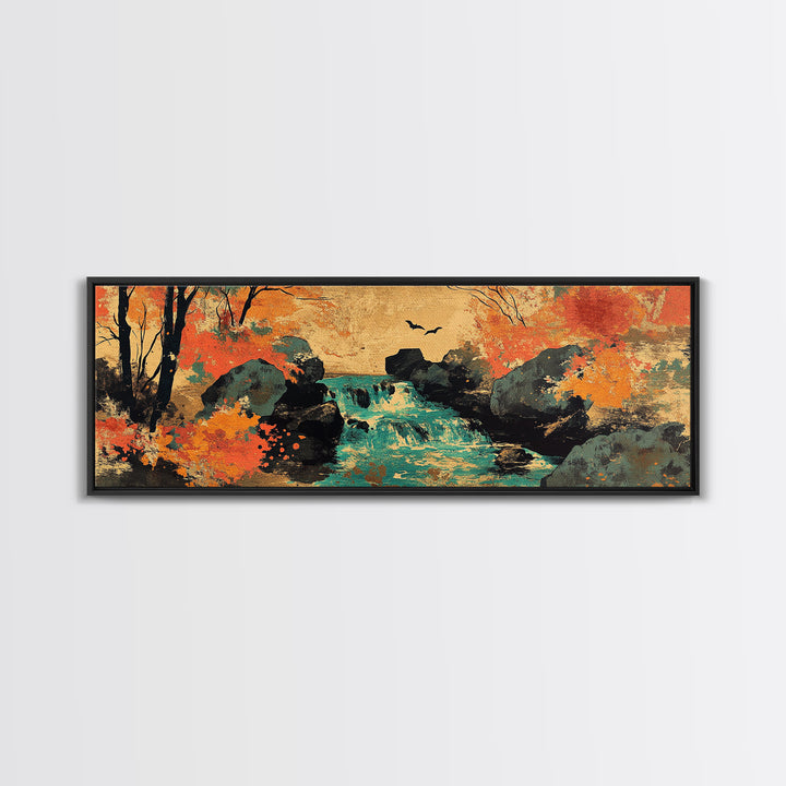 Autumn Forest Stream With Waterfall And Birds Wall Art, Framed Canvas Print, Rustic Landscape Art, Cozy Cabin Decor, Nature