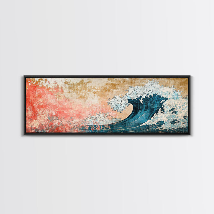 Crashing Blue Wave With Pink Coral Sky Wall Art, Framed Canvas Print, Coastal Seascape, Ocean Wall Decor, Beach House Decor
