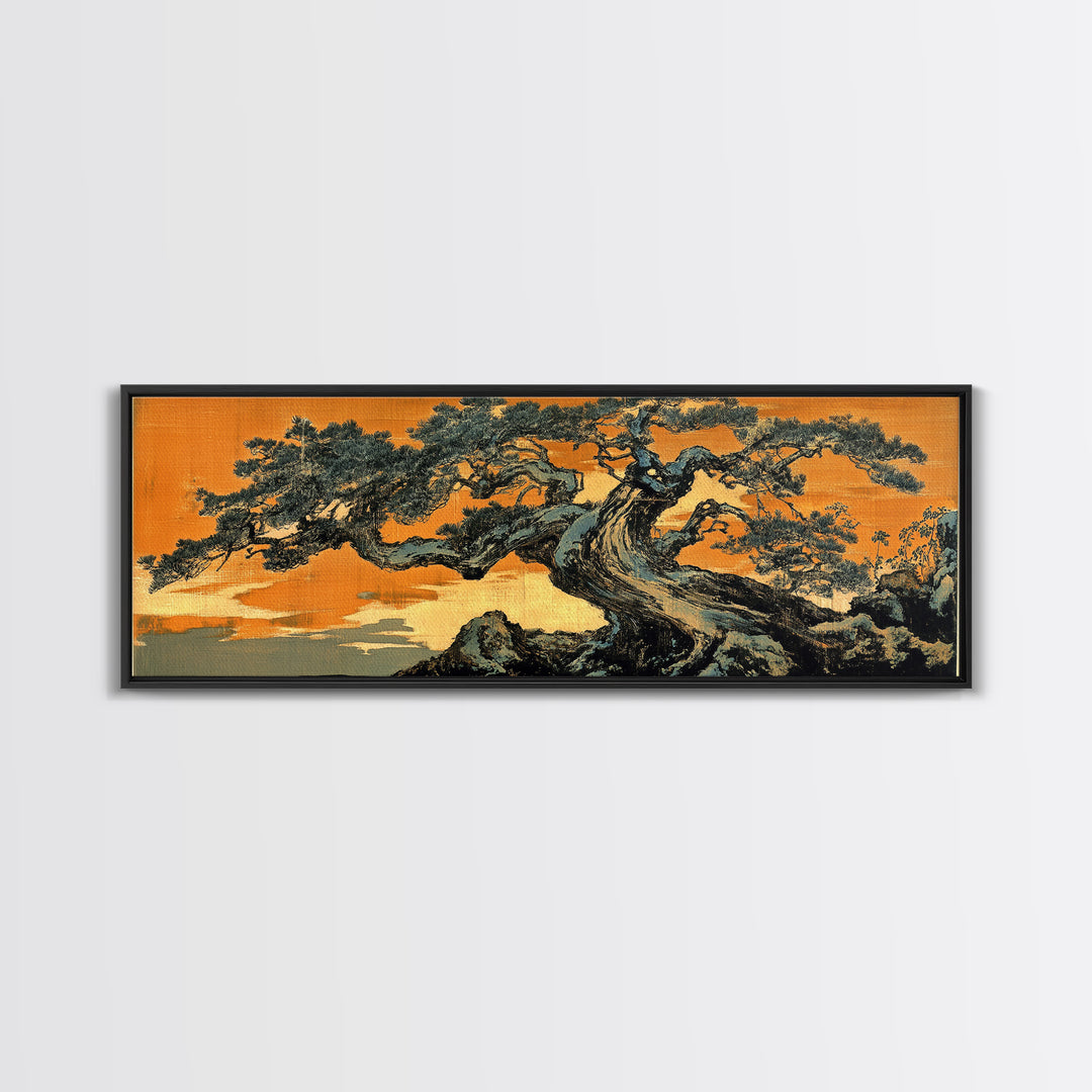 Twisted Japanese Pine Tree Landscape Wall Art, Panoramic Canvas Print, Japandi Decor, Nature Wall Decor, Office Art Print