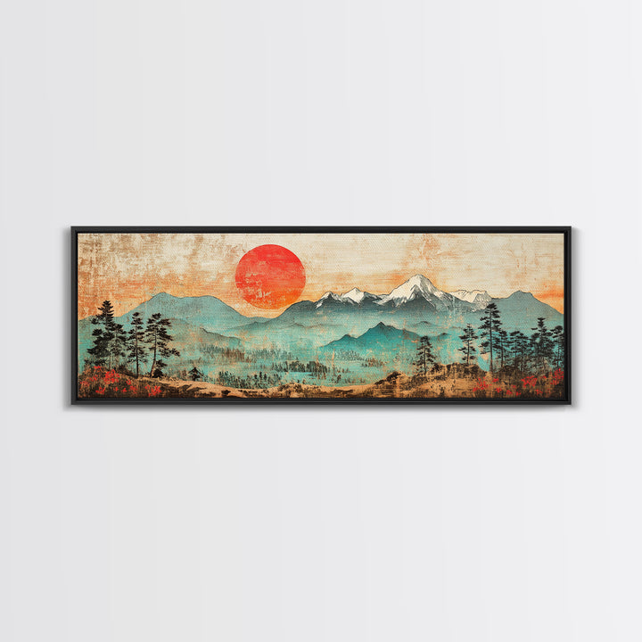 Red Sun Over Snowy Mountains And Pines Wall Art, Panoramic Canvas Print, Rustic Nature Decor, Large Landscape Art Home Decor