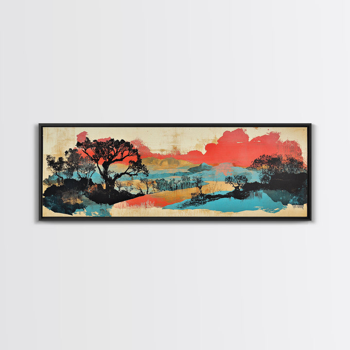 Coral Sky Abstract River Trees Wall Art, Japanese Landscape Print, Panoramic Canvas, Modern Asian Living Room Decor, Home Decor