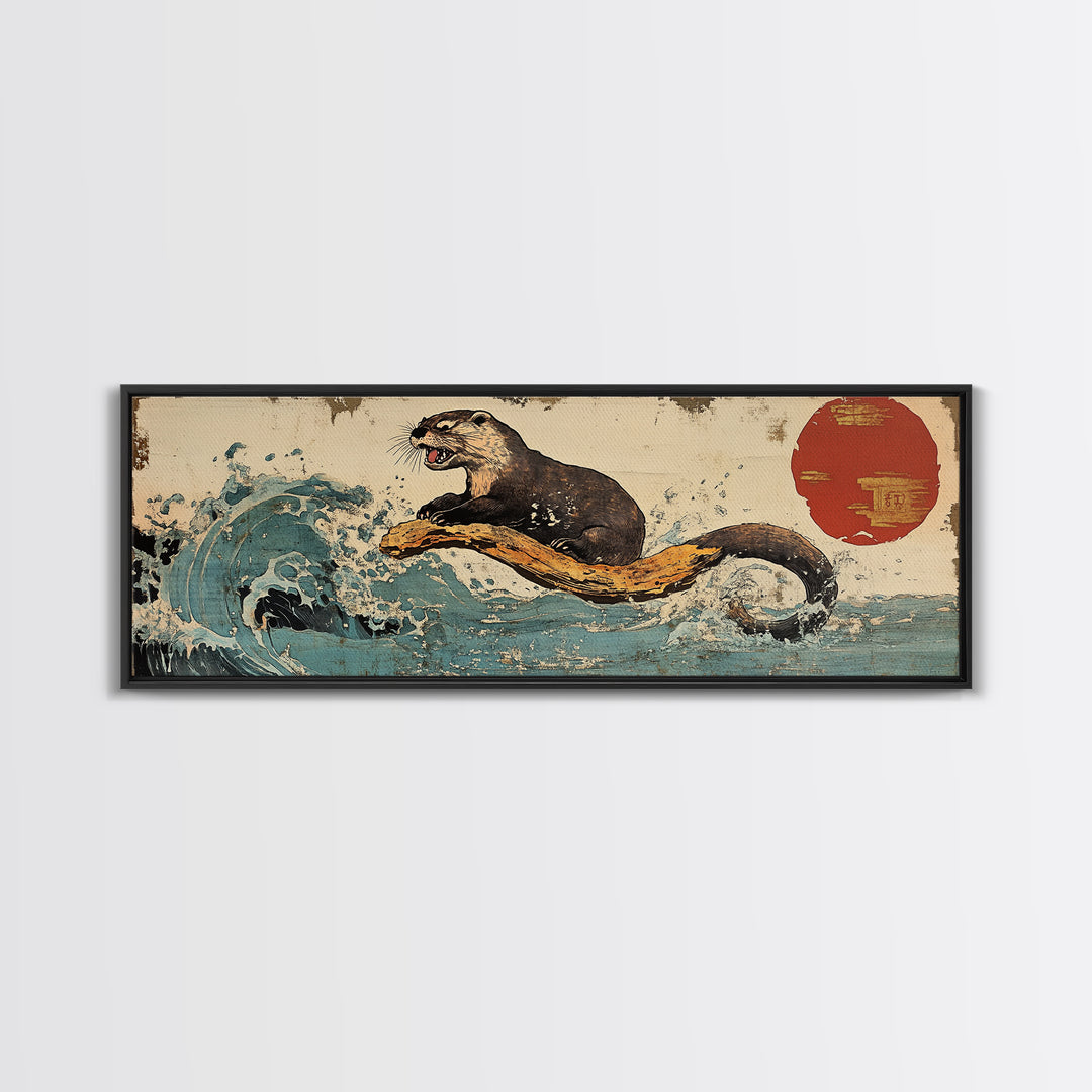 Playful Otter Riding Ocean Wave Wall Art, Japanese Animal Print, Panoramic Canvas, Coastal Bathroom Decor, Wildlife Gift For Her