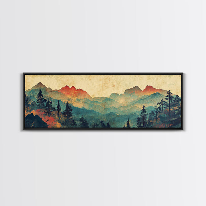 Layered Blue Mountain Forest Wall Art, Panoramic Canvas Print, Nature Landscape, Rustic Cabin Living Room Decor, Above Sofa Decor