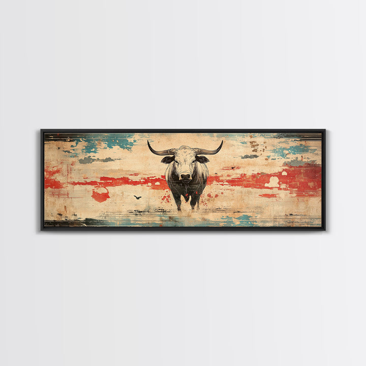 Longhorn Bull Rustic Southwest Wall Art, Western Ranch Canvas Print, Cowboy Home Decor, Desert Landscape, Gift For Him, Man Cave Decor