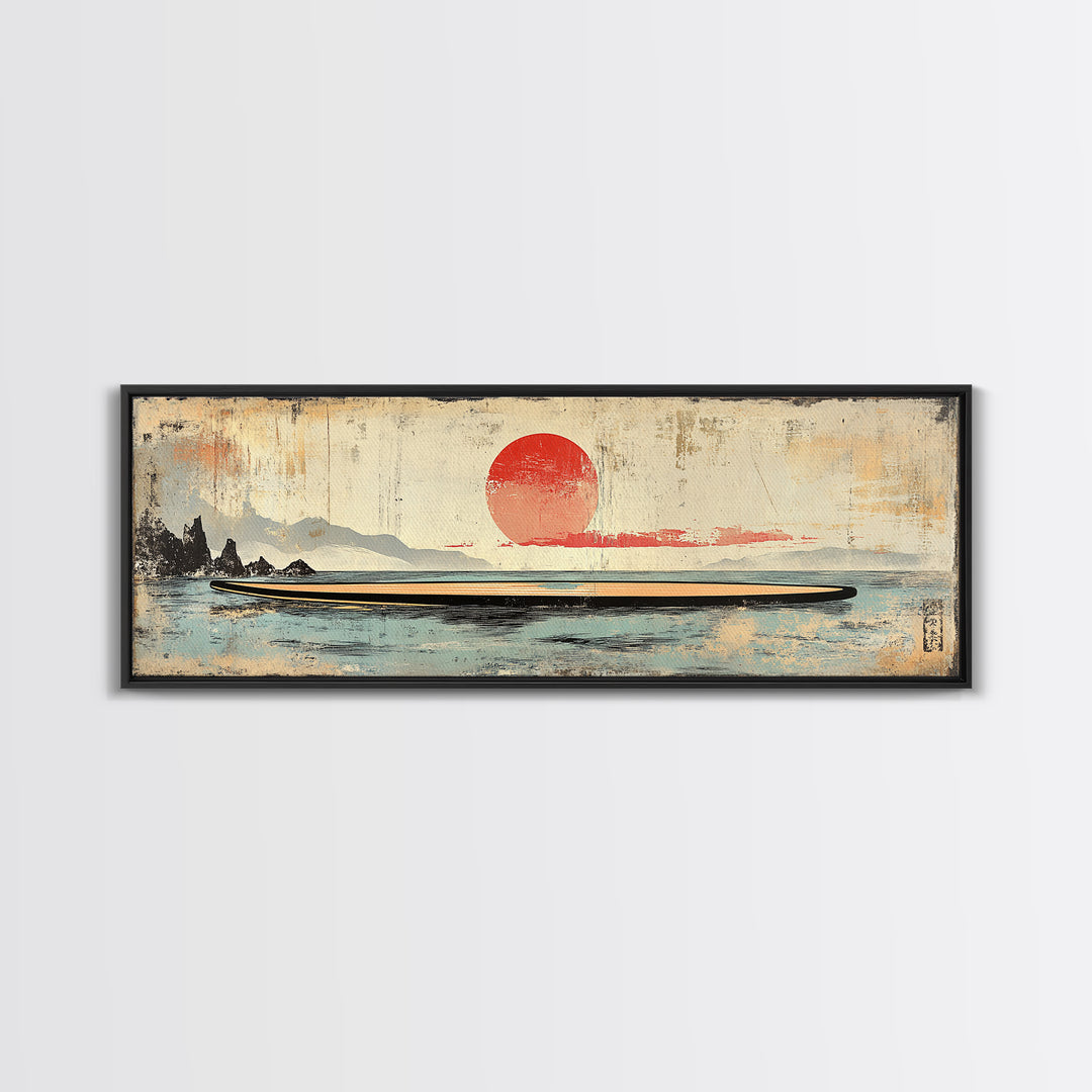 Red Sun Seascape Minimalist Wall Art, Japanese Coastal Canvas Print, Neutral Beach House Decor, Living Room Art Print, Zen Home Decor