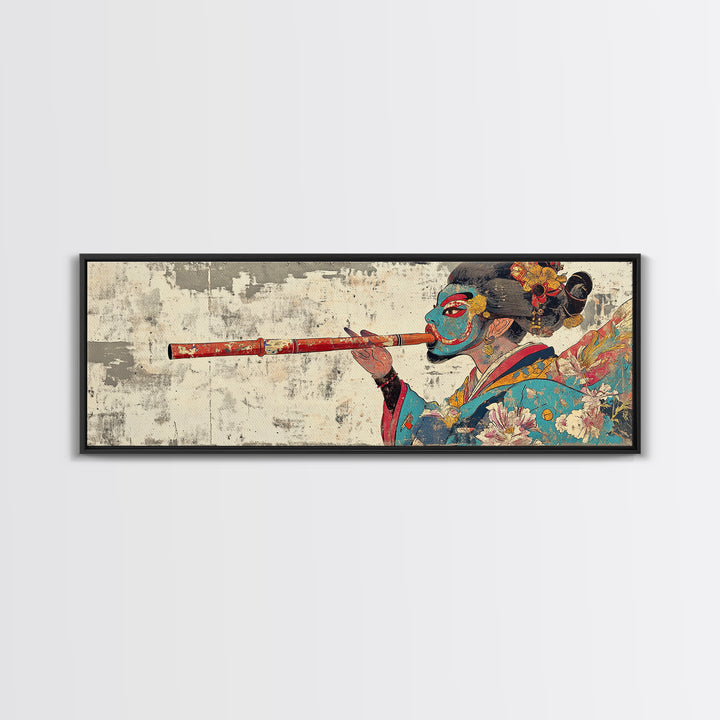 Japanese Geisha Flute Portrait Framed Canvas Print, Asian Wall Art, Kimono Woman Decor, Japandi Home Decor, Gift For Her