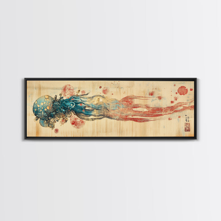 Blue Jellyfish Ocean Wall Art, Marine Life Illustration, Coastal Bathroom Decor, Nautical Framed Canvas Print, Gift For Her